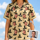 Woman wearing Women's Coven Couture Custom Face Hawaiian Shirt — custom faces printed all-over
