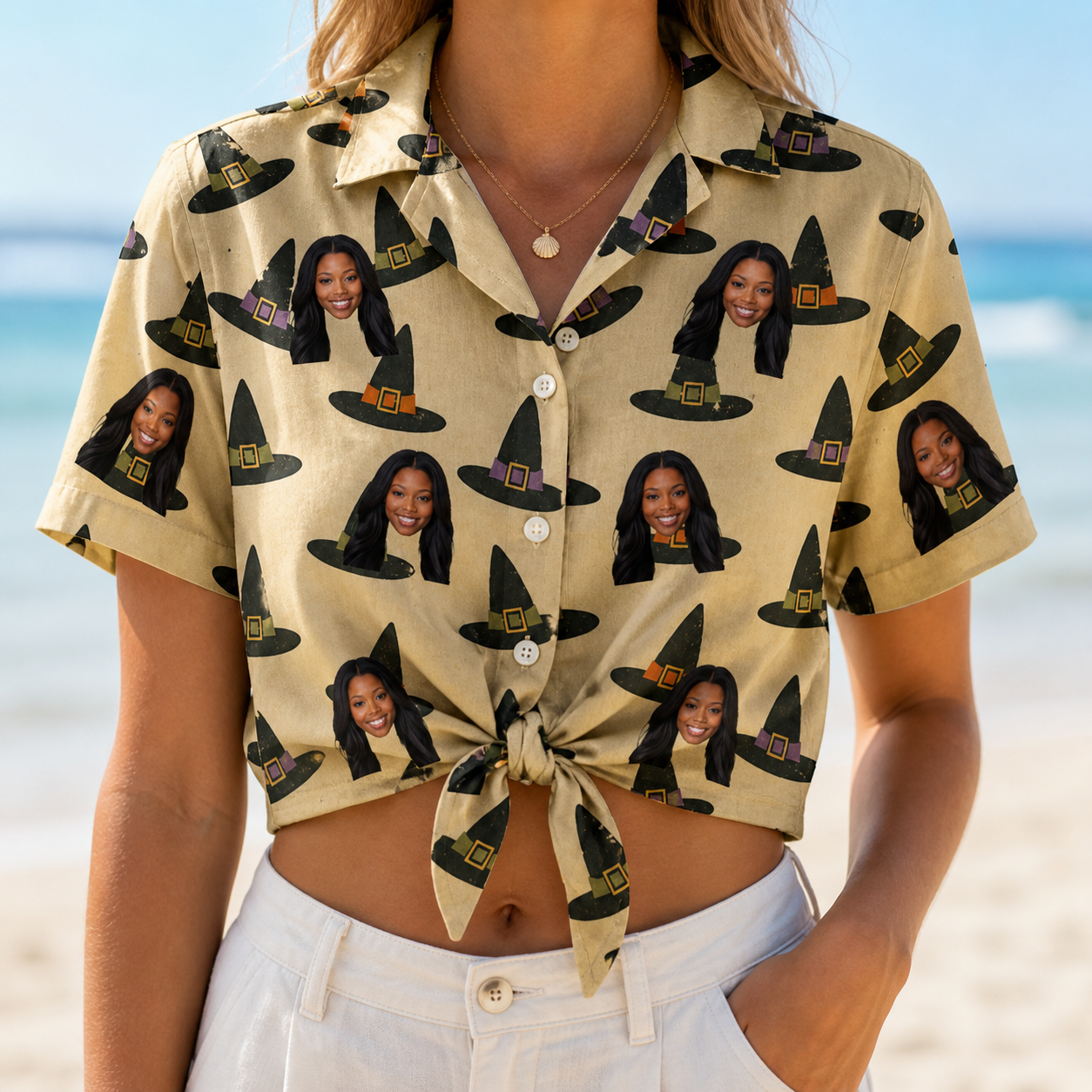 Woman wearing Women's Coven Couture Custom Face Hawaiian Shirt tied at the waist