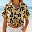 Woman wearing Women's Coven Couture Custom Face Hawaiian Shirt tied at the waist