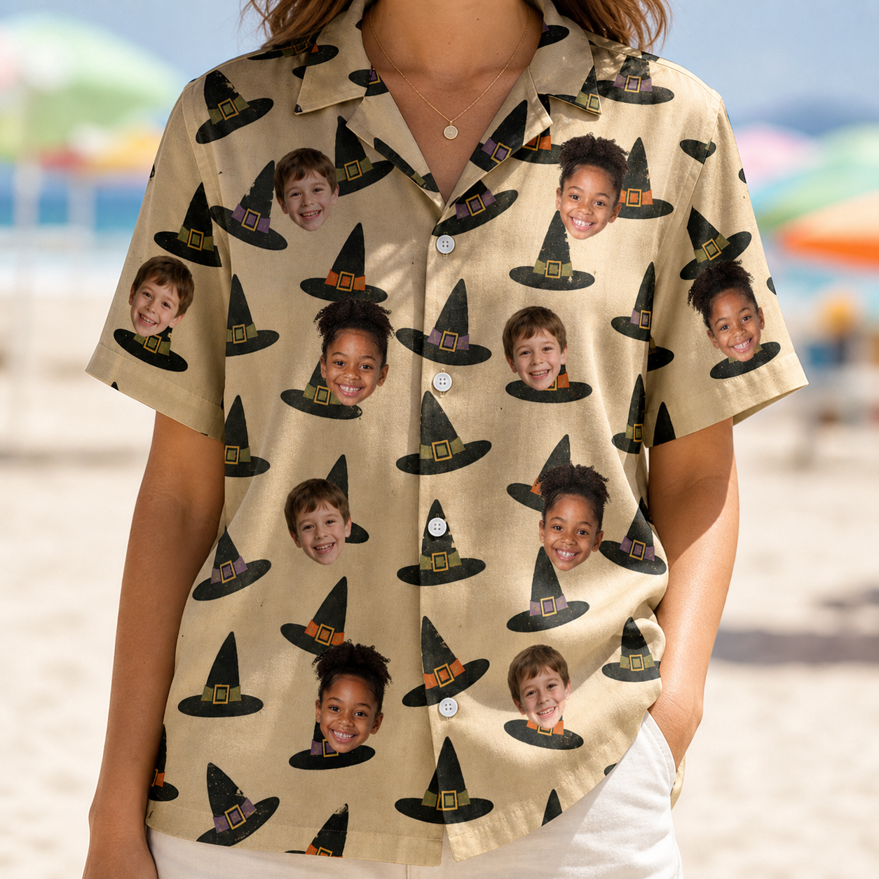 Model wearing Women's Coven Couture Custom Face Hawaiian Shirt printed with kids' faces