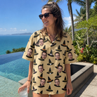 Real-life photo of someone wearing Women's Coven Couture Custom Face Hawaiian Shirt — custom faces printed all-over