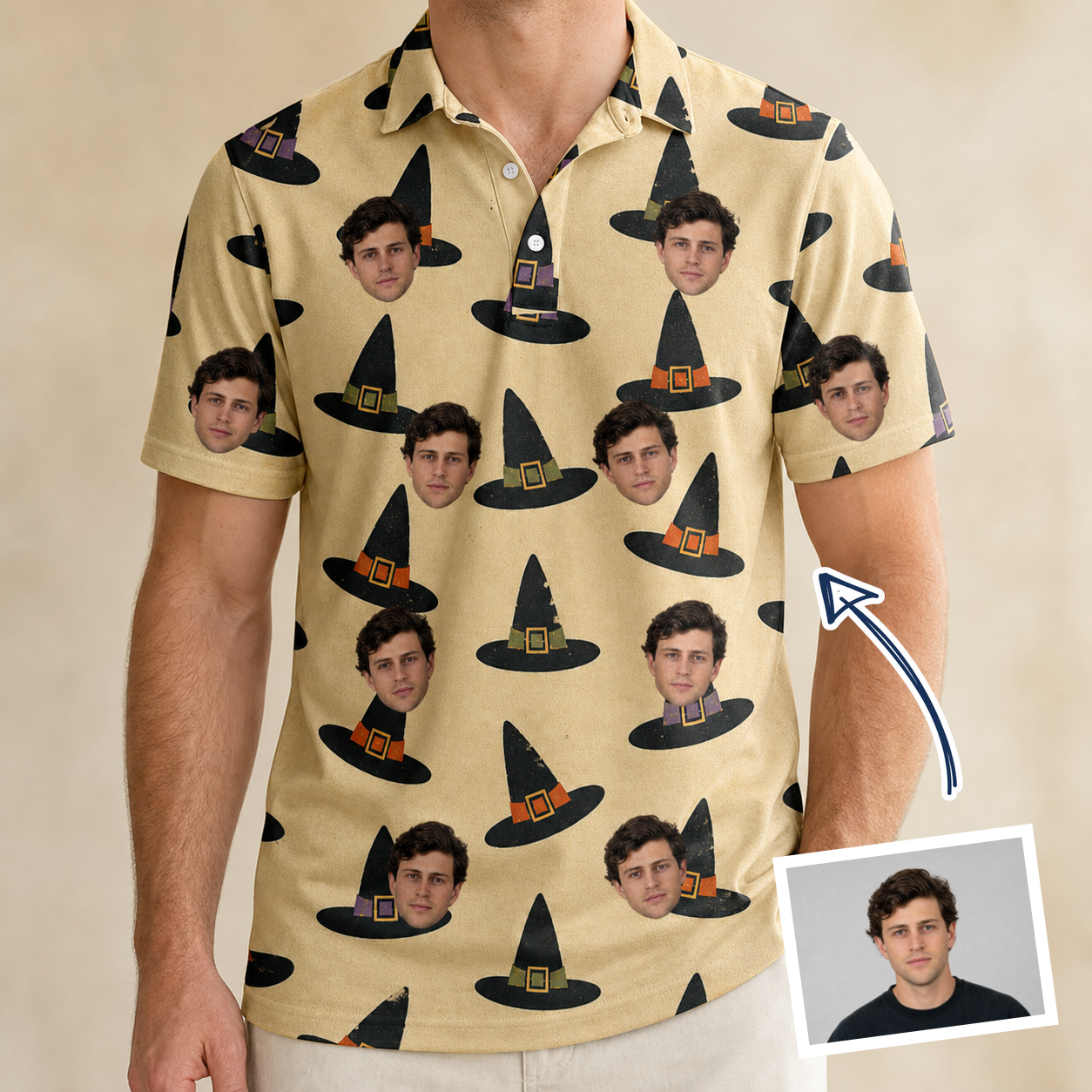 Man wearing Men's Coven Couture Custom Face Polo Shirt — custom faces printed all-over