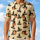 Model wearing Men's Coven Couture Custom Face Polo Shirt printed with kids' faces