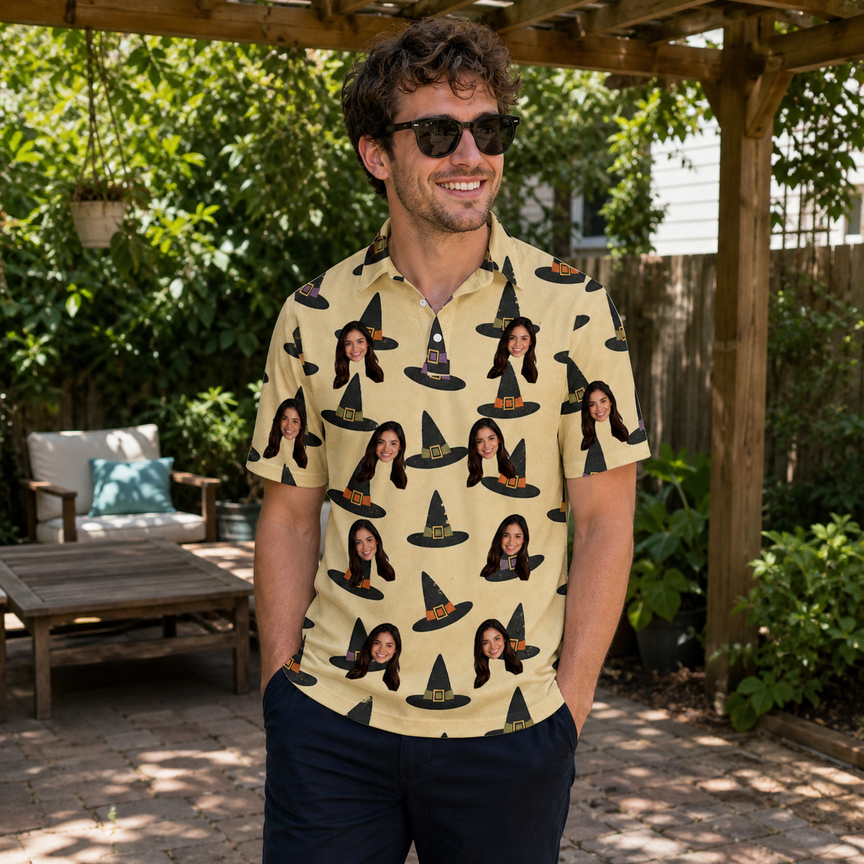 Real-life photo of someone wearing Men's Coven Couture Custom Face Polo Shirt — custom faces printed all-over