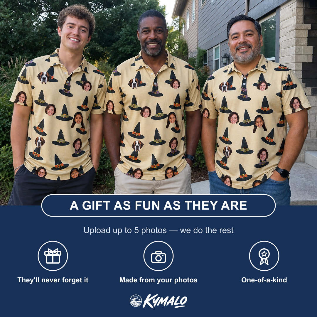 Friends in matching Men's Coven Couture Custom Face Polo Shirt — a group gift photo