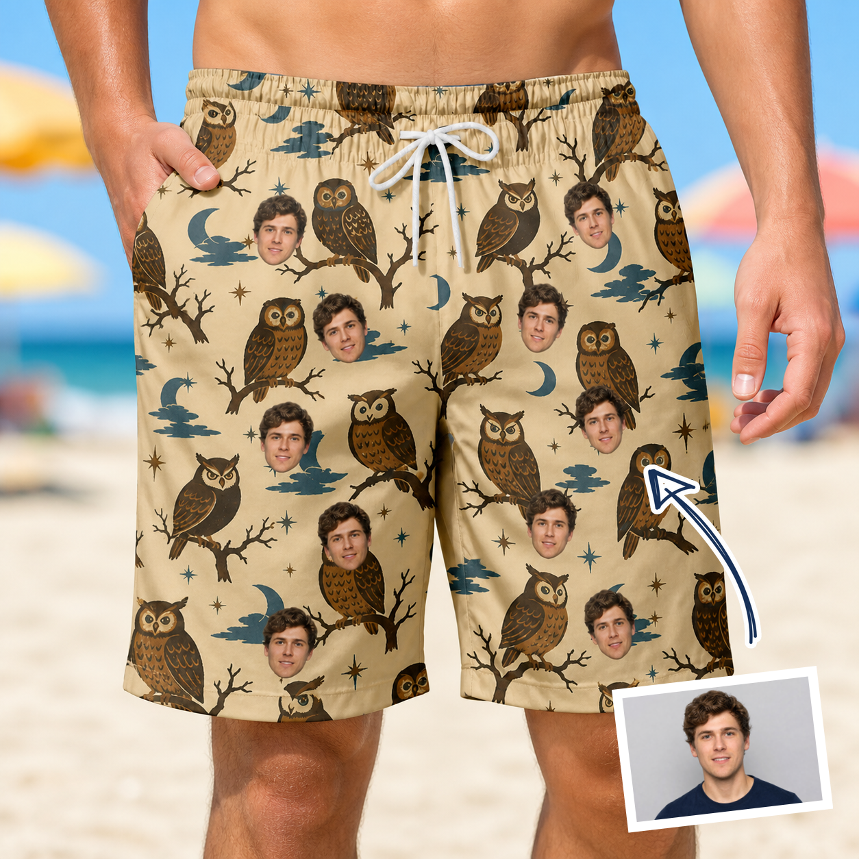 Man wearing Men's Roost Ruckus Custom Face Beach Shorts — custom faces printed all-over