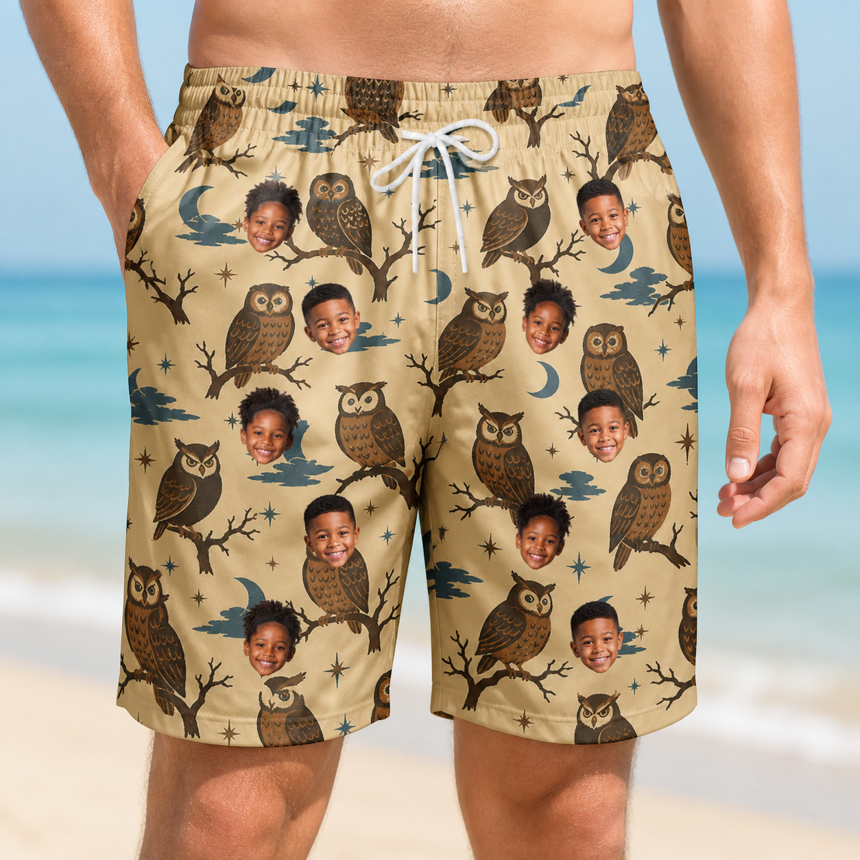 Model wearing Men's Roost Ruckus Custom Face Beach Shorts printed with kids' faces