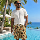 Real-life photo of someone wearing Men's Roost Ruckus Custom Face Beach Shorts — custom faces printed all-over
