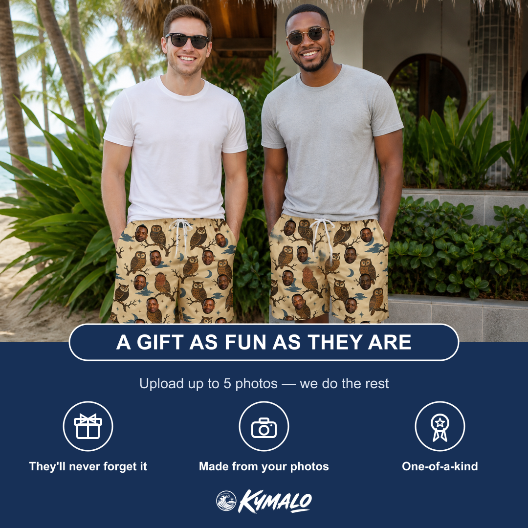 Friends in matching Men's Roost Ruckus Custom Face Beach Shorts — a group gift photo