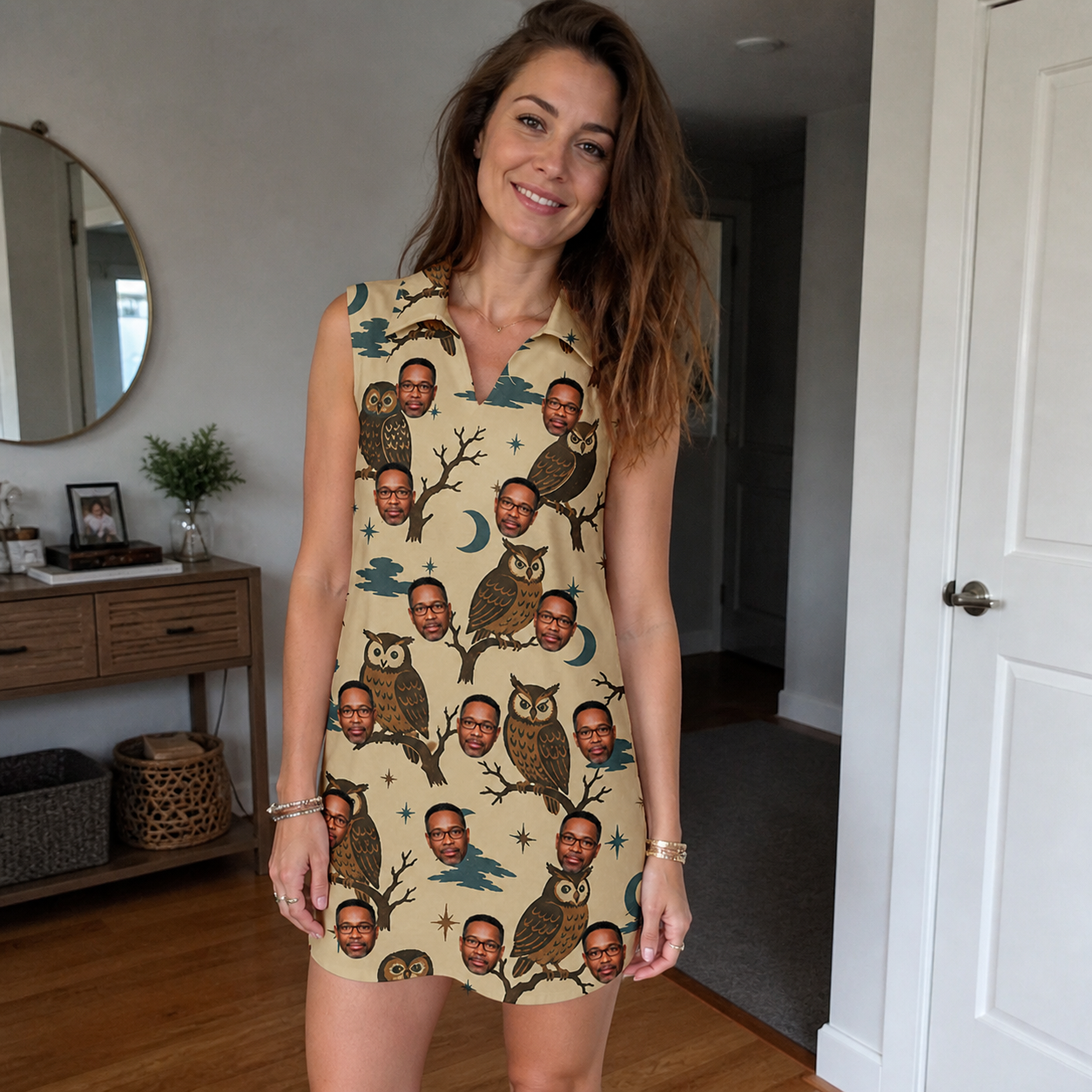 Real-life photo of someone wearing Women's Roost Ruckus Custom Face V-Neck Dress — custom faces printed all-over
