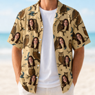 Man wearing Men's Roost Ruckus Custom Face Hawaiian Shirt open over a white tee