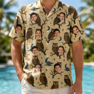 Model wearing Men's Roost Ruckus Custom Face Hawaiian Shirt printed with kids' faces