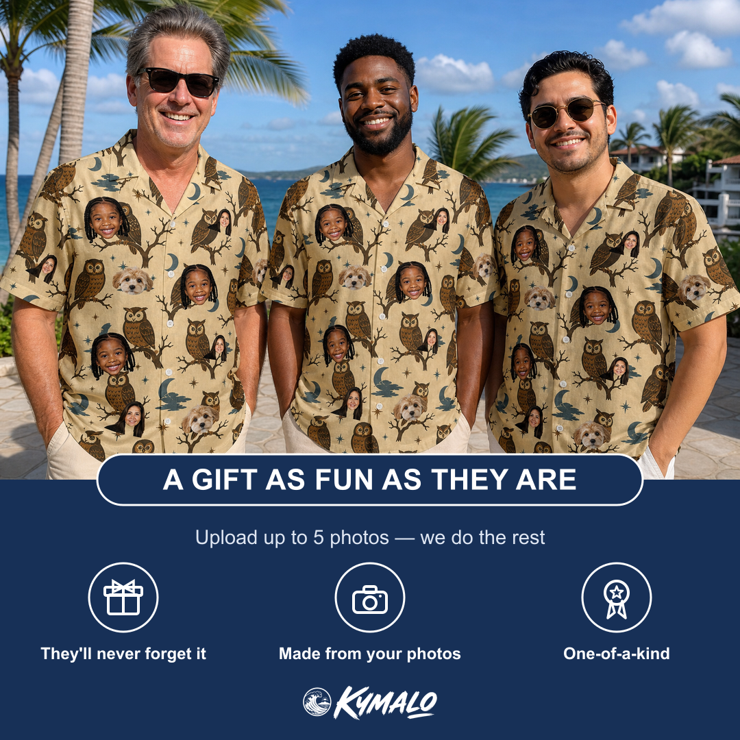 Friends in matching Men's Roost Ruckus Custom Face Hawaiian Shirt — a group gift photo