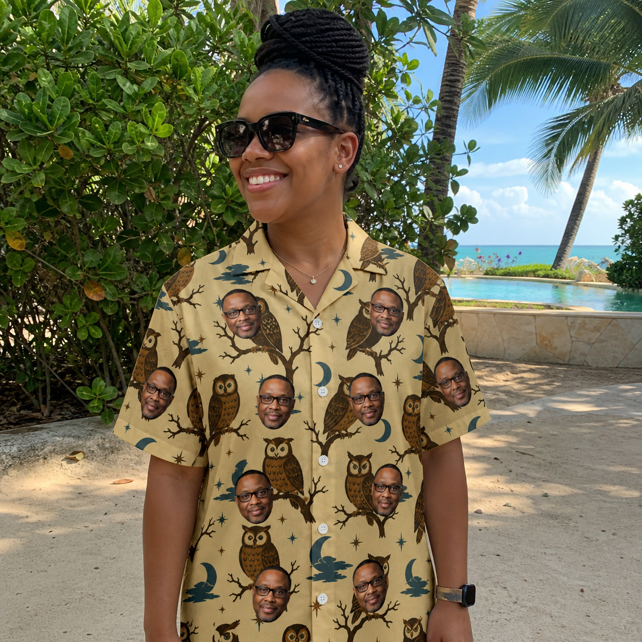 Real-life photo of someone wearing Women's Roost Ruckus Custom Face Hawaiian Shirt — custom faces printed all-over
