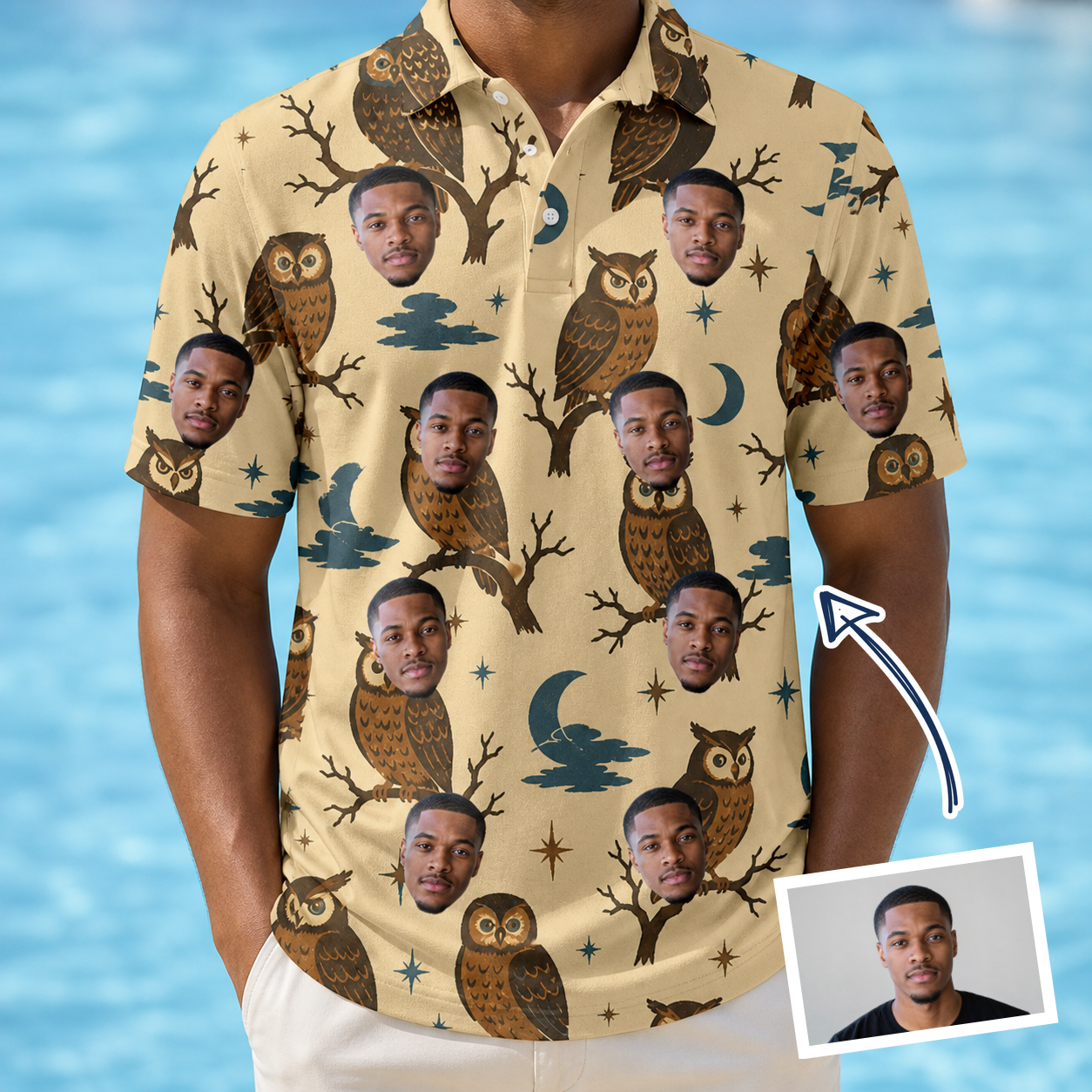 Man wearing Men's Roost Ruckus Custom Face Polo Shirt — custom faces printed all-over