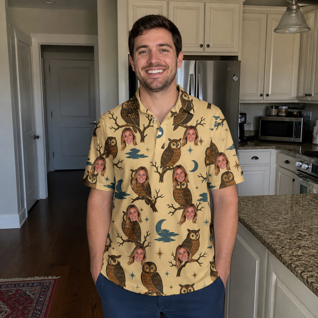 Real-life photo of someone wearing Men's Roost Ruckus Custom Face Polo Shirt — custom faces printed all-over