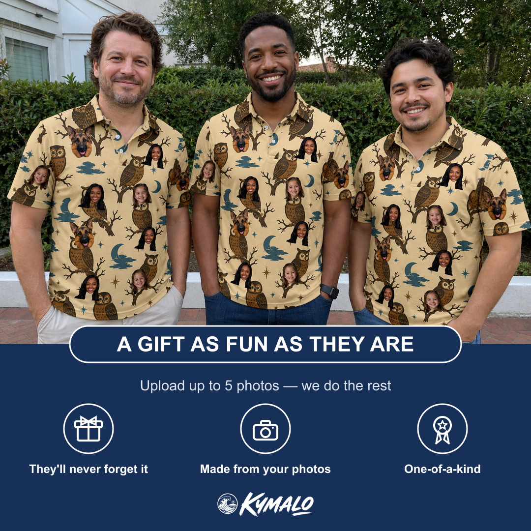 Friends in matching Men's Roost Ruckus Custom Face Polo Shirt — a group gift photo