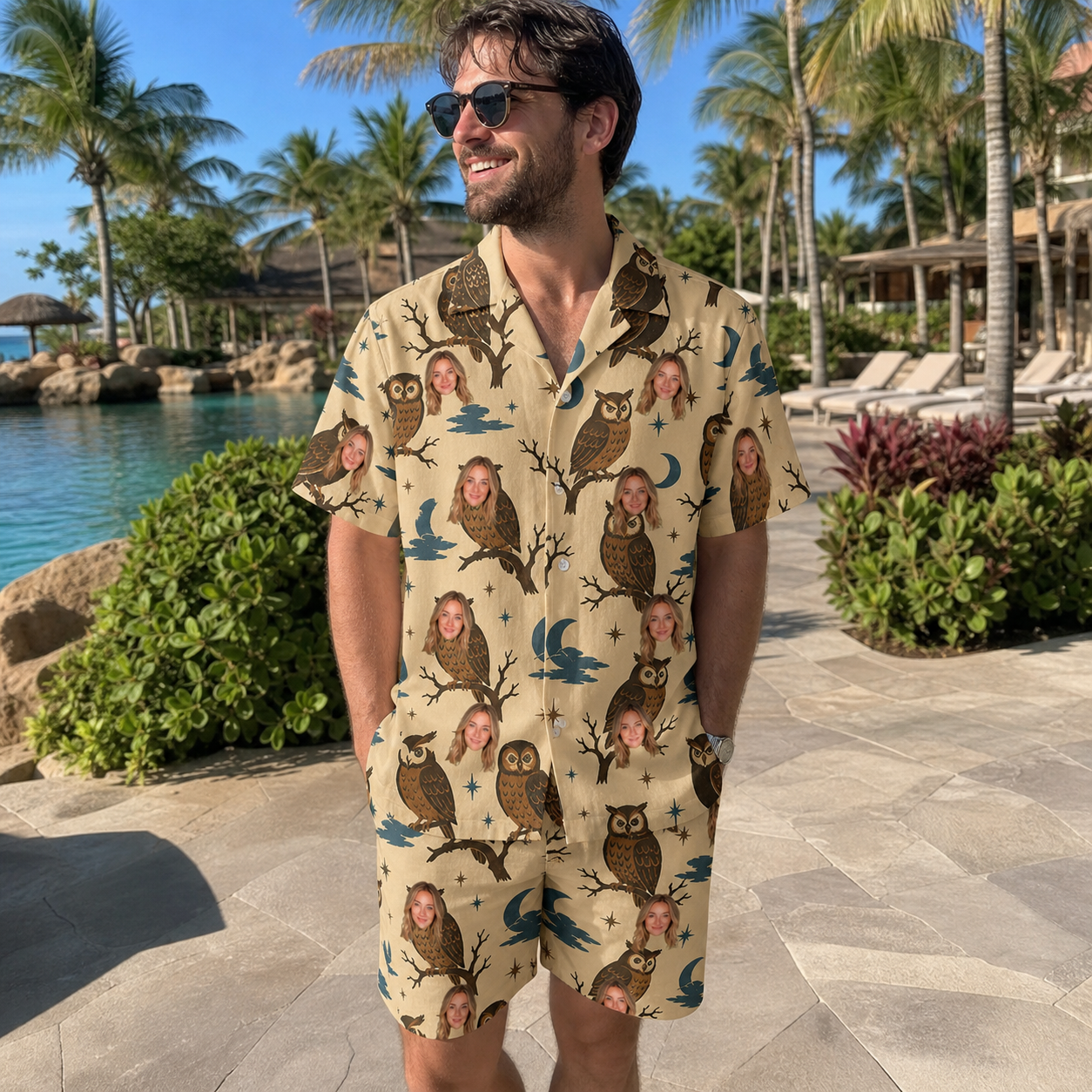Real-life photo of someone wearing Men's Roost Ruckus Custom Face Shirt & Shorts Set — custom faces printed all-over