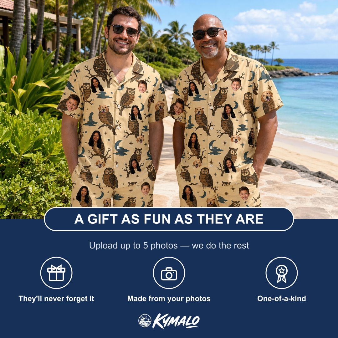 Friends in matching Men's Roost Ruckus Custom Face Shirt & Shorts Set — a group gift photo