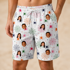 Model wearing Men's Venom Velvet Custom Face Beach Shorts printed with kids' faces
