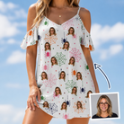 Woman wearing Women's Venom Velvet Custom Face Off-Shoulder Dress — custom faces printed all-over