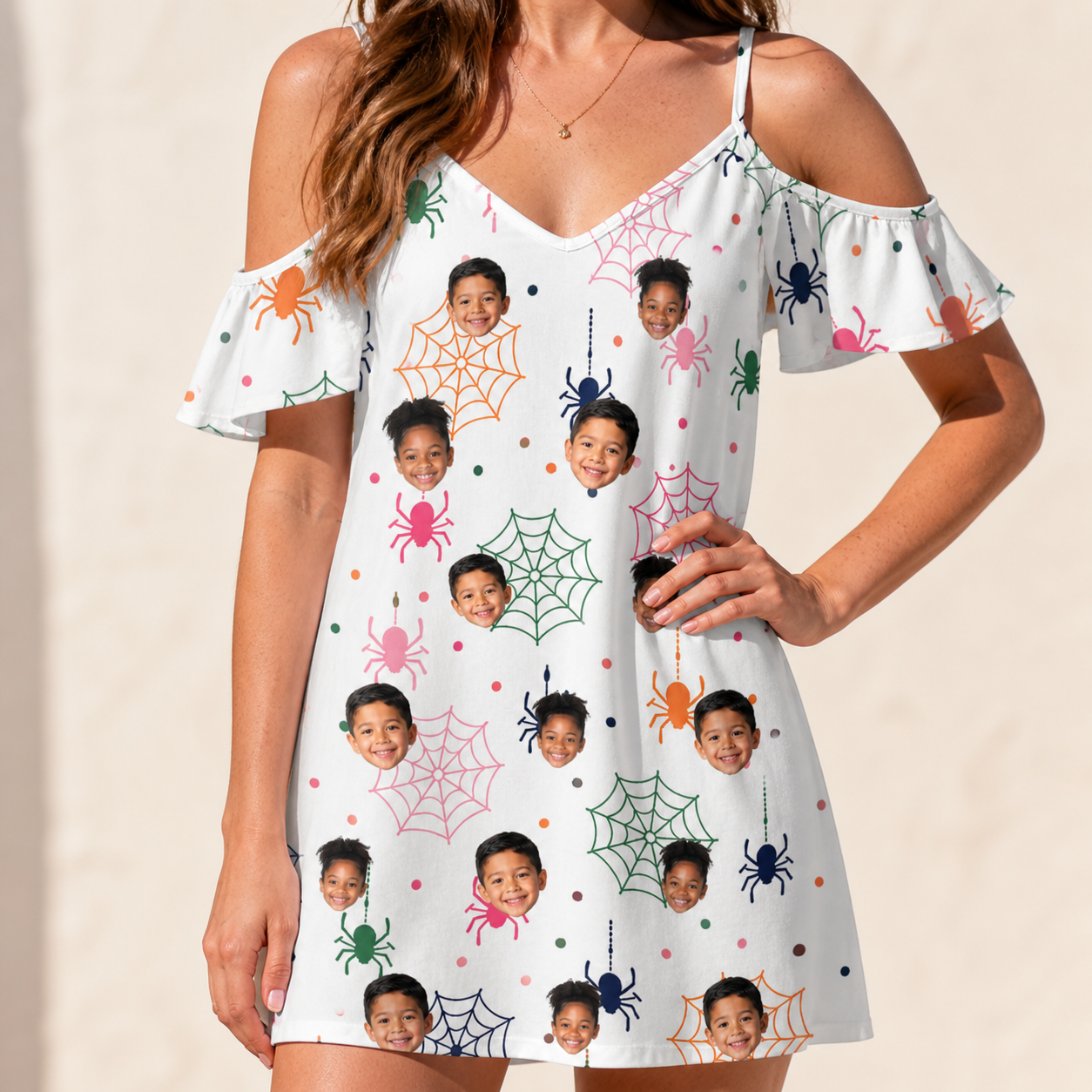 Model wearing Women's Venom Velvet Custom Face Off-Shoulder Dress printed with kids' faces