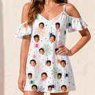Model wearing Women's Venom Velvet Custom Face Off-Shoulder Dress printed with kids' faces