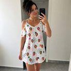 Real-life photo of someone wearing Women's Venom Velvet Custom Face Off-Shoulder Dress — custom faces printed all-over