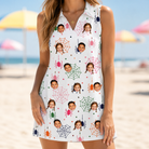Model wearing Women's Venom Velvet Custom Face V-Neck Dress printed with kids' faces