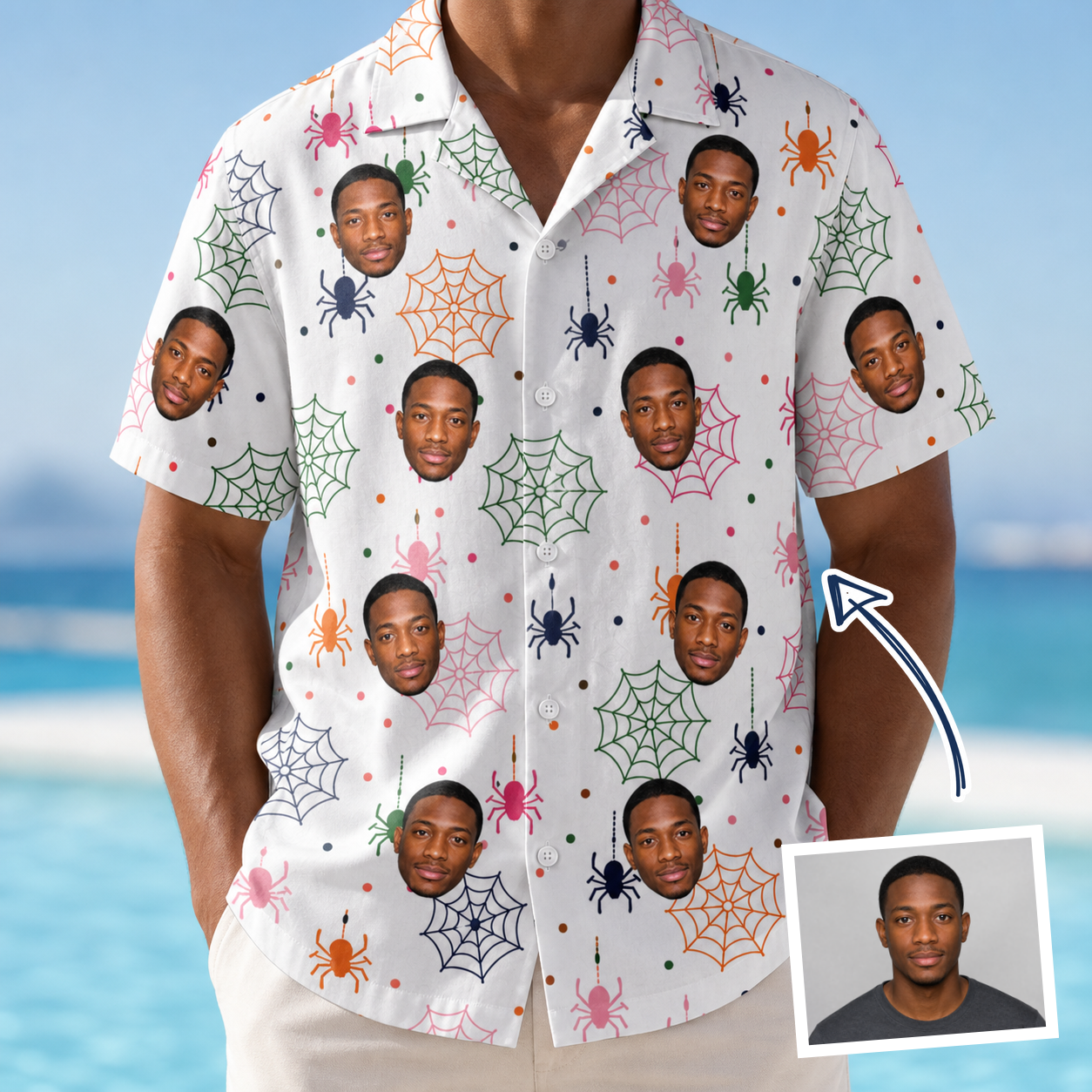 Man wearing Men's Venom Velvet Custom Face Hawaiian Shirt — custom faces printed all-over