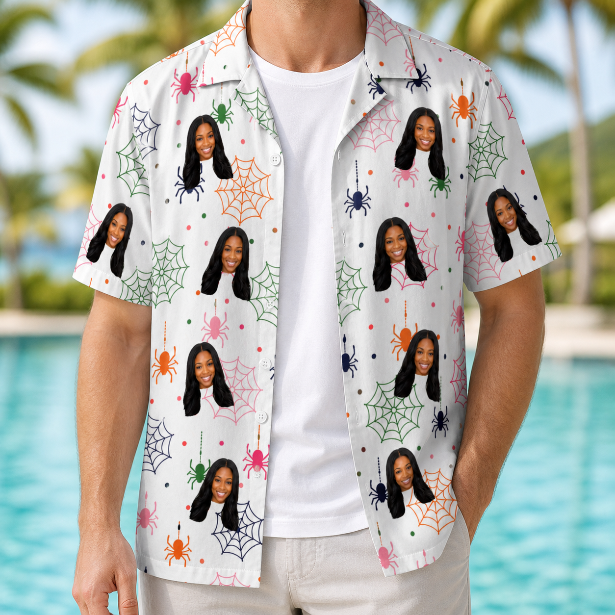 Man wearing Men's Venom Velvet Custom Face Hawaiian Shirt open over a white tee