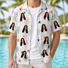 Man wearing Men's Venom Velvet Custom Face Hawaiian Shirt open over a white tee