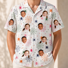 Model wearing Men's Venom Velvet Custom Face Hawaiian Shirt printed with kids' faces