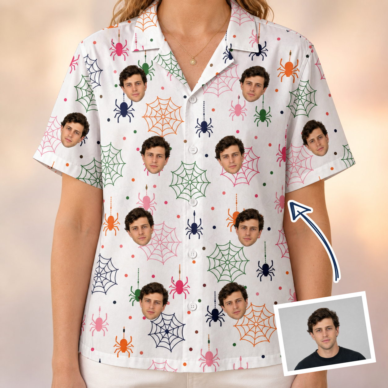Woman wearing Women's Venom Velvet Custom Face Hawaiian Shirt — custom faces printed all-over