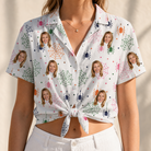 Woman wearing Women's Venom Velvet Custom Face Hawaiian Shirt tied at the waist