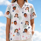Model wearing Women's Venom Velvet Custom Face Hawaiian Shirt printed with kids' faces