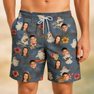 Model wearing Men's Ectoplasm Eccentrics Custom Face Beach Shorts printed with kids' faces