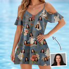 Woman wearing Women's Ectoplasm Eccentrics Custom Face Off-Shoulder Dress — custom faces printed all-over