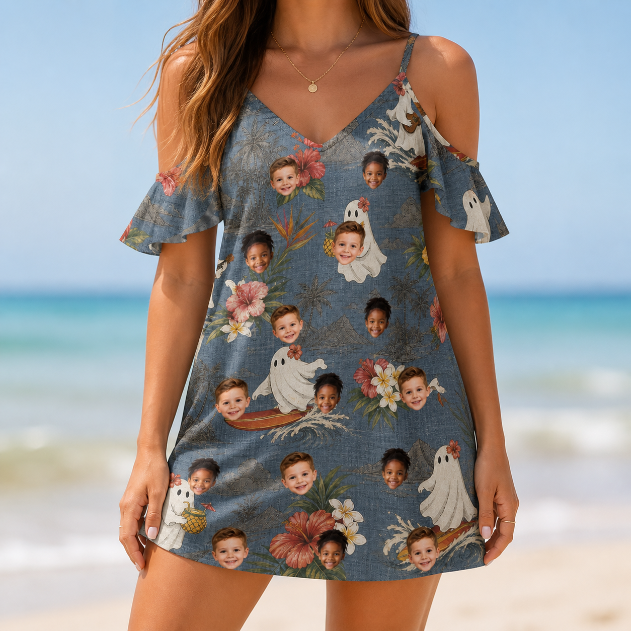 Model wearing Women's Ectoplasm Eccentrics Custom Face Off-Shoulder Dress printed with kids' faces