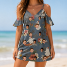 Model wearing Women's Ectoplasm Eccentrics Custom Face Off-Shoulder Dress printed with kids' faces