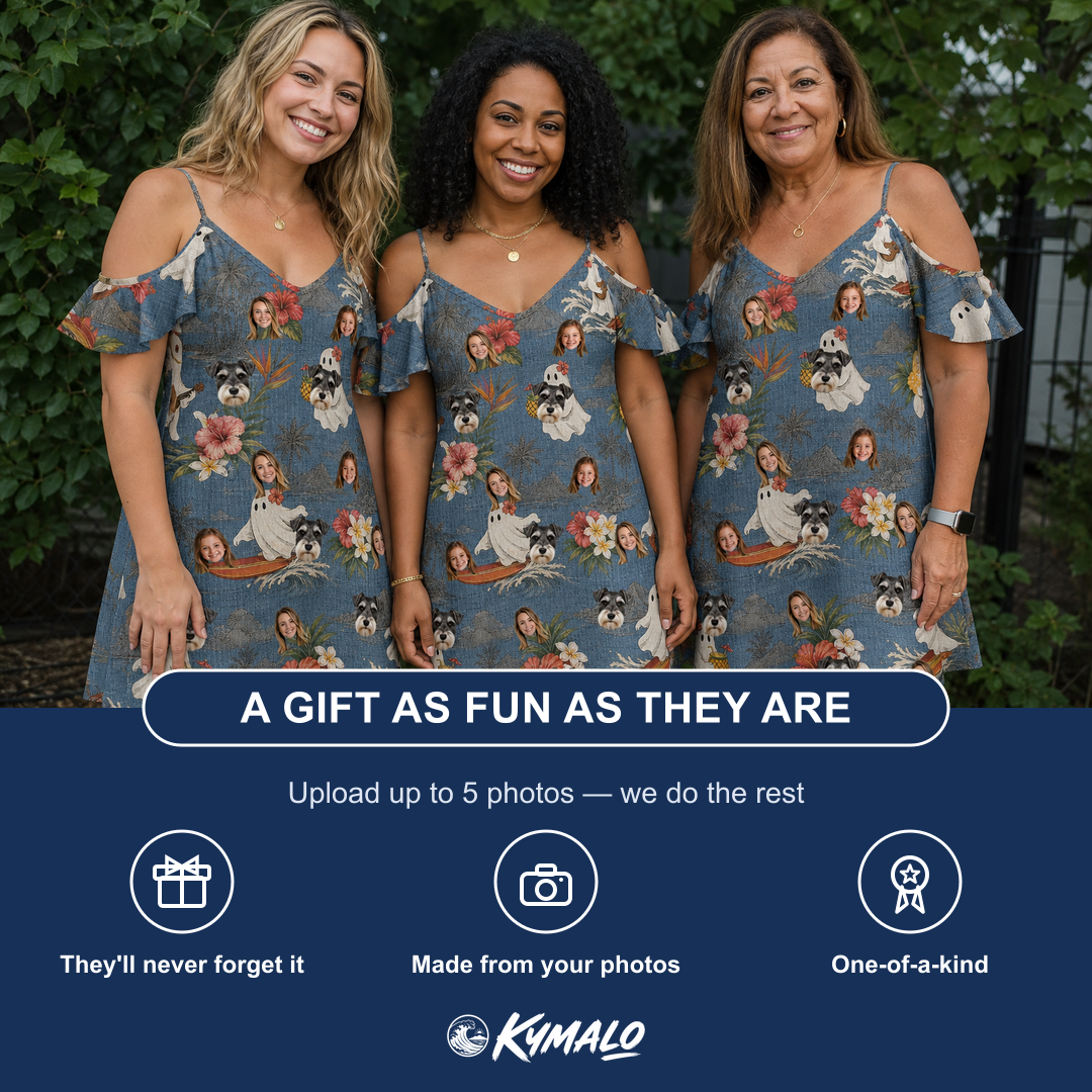 Friends in matching Women's Ectoplasm Eccentrics Custom Face Off-Shoulder Dress — a group gift photo