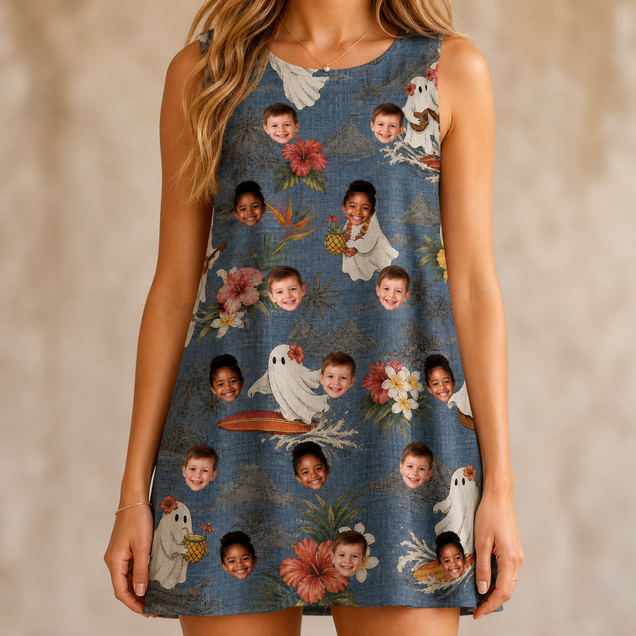 Model wearing Women's Ectoplasm Eccentrics Custom Face Tank Dress printed with kids' faces