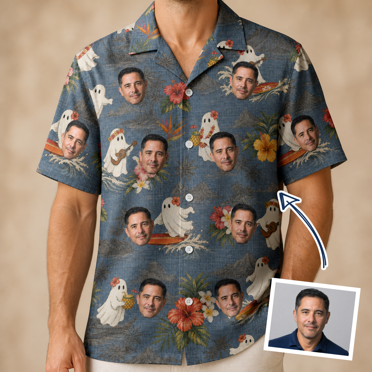 Man wearing Men's Ectoplasm Eccentrics Custom Face Hawaiian Shirt — custom faces printed all-over