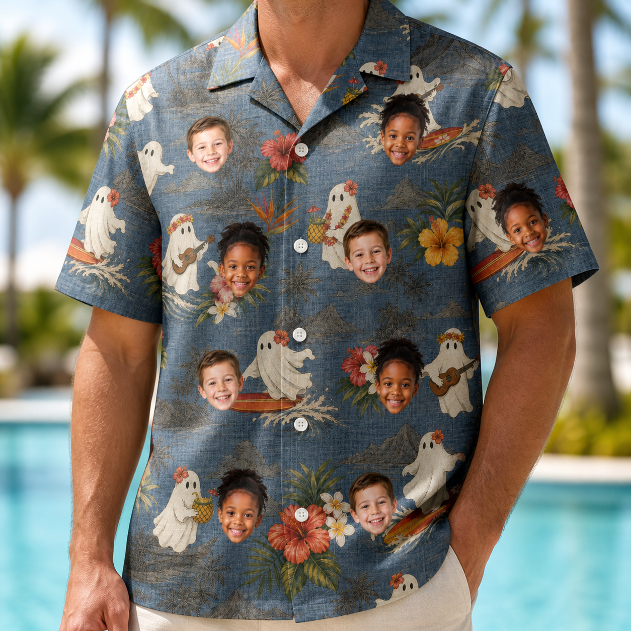Model wearing Men's Ectoplasm Eccentrics Custom Face Hawaiian Shirt printed with kids' faces