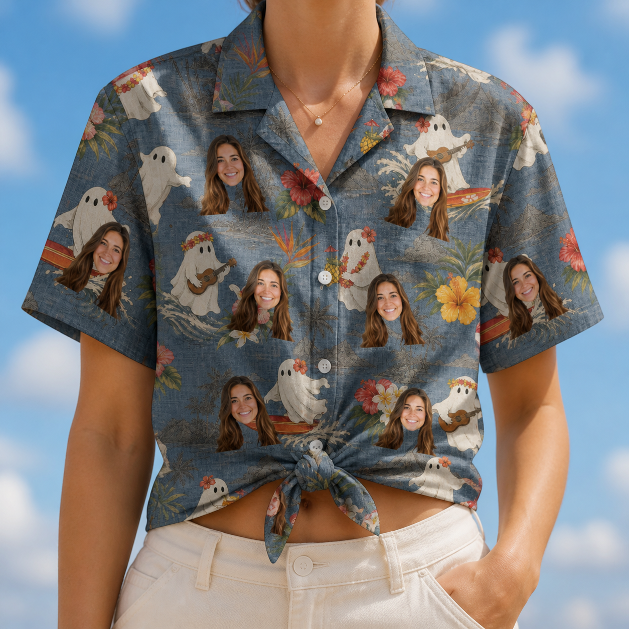 Woman wearing Women's Ectoplasm Eccentrics Custom Face Hawaiian Shirt tied at the waist