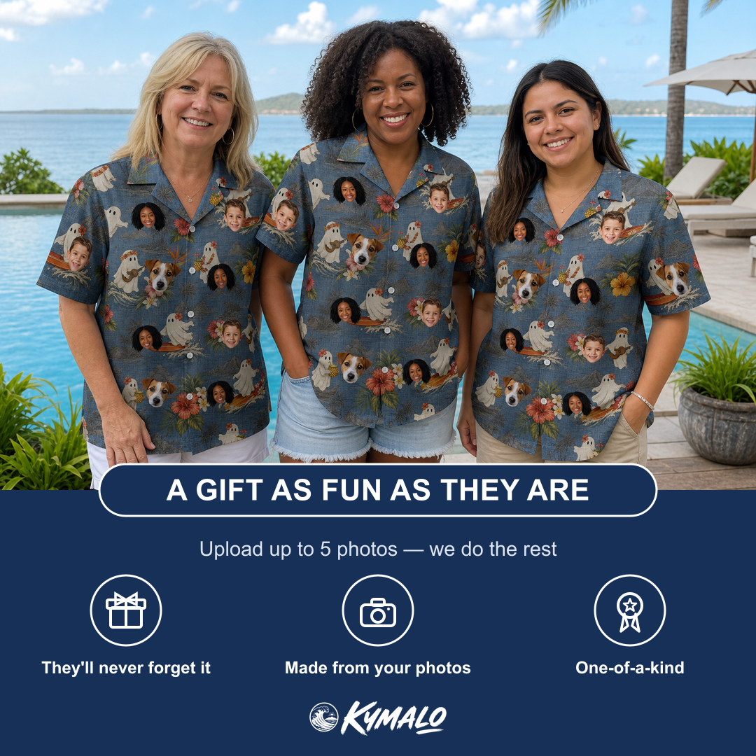 Friends in matching Women's Ectoplasm Eccentrics Custom Face Hawaiian Shirt — a group gift photo