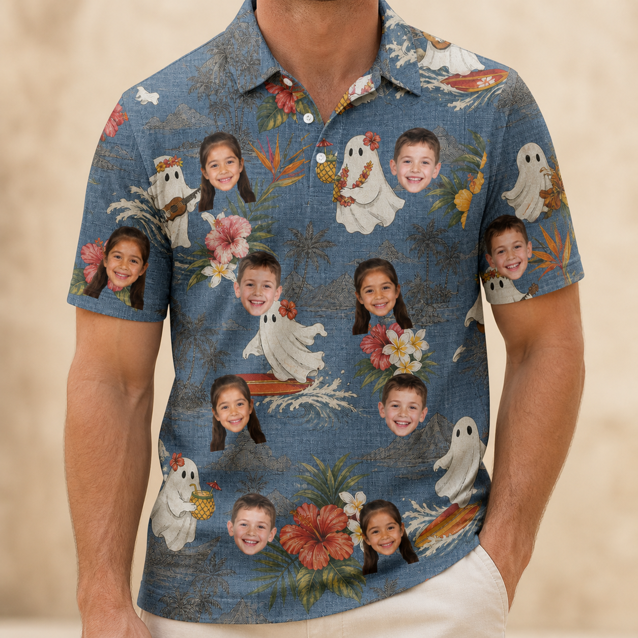 Model wearing Men's Ectoplasm Eccentrics Custom Face Polo Shirt printed with kids' faces
