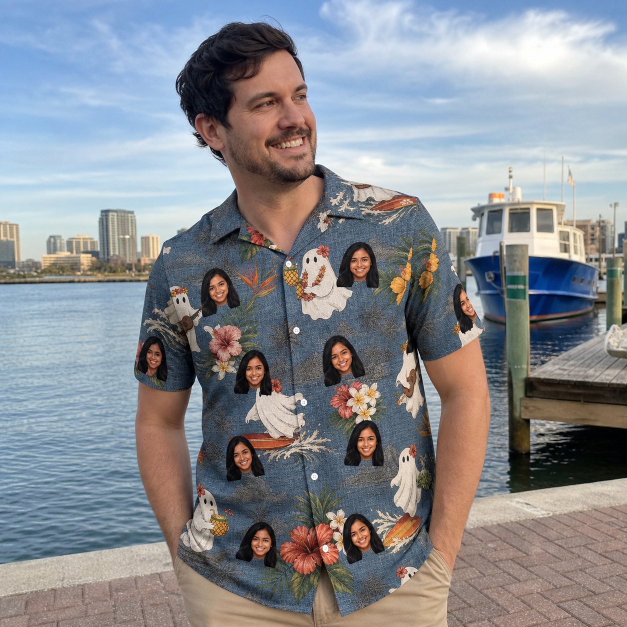 Real-life photo of someone wearing Men's Ectoplasm Eccentrics Custom Face Polo Shirt — custom faces printed all-over