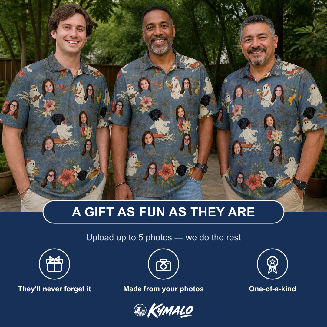 Friends in matching Men's Ectoplasm Eccentrics Custom Face Polo Shirt — a group gift photo