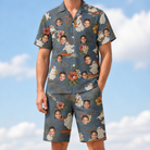 Model wearing Men's Ectoplasm Eccentrics Custom Face Shirt & Shorts Set printed with kids' faces